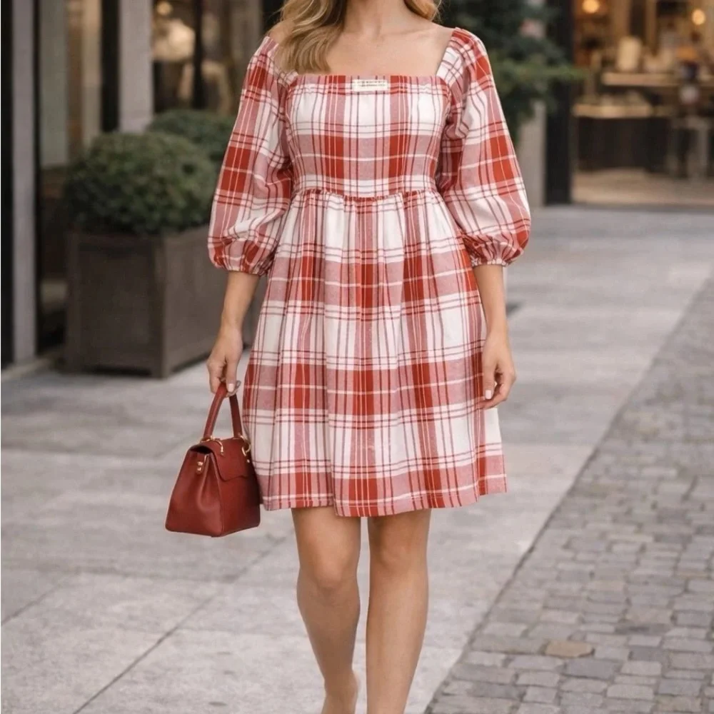 🆕Monteau Casual Baby Doll Plaid Dress W 1/2. Puff Sleeves Cream/Rust Brown Small - Picture 1 of 5